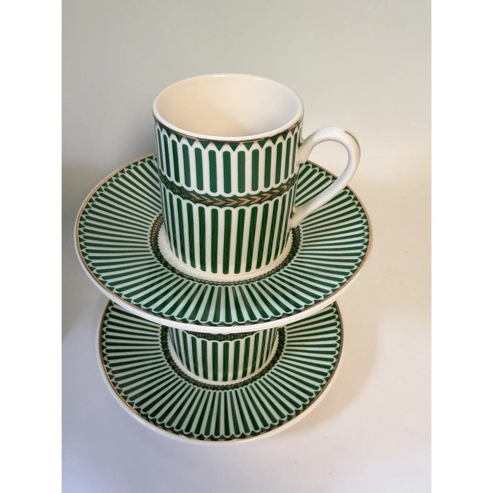 Grace Teaware Espresso Coffee Set 4 Cups & Saucers Green White Stripe New in Box